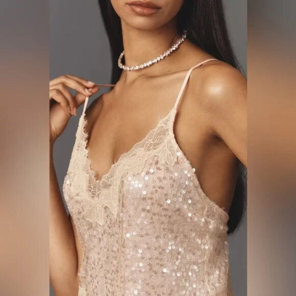 🌸💛Anthropologie En Elly V-Neck Lace Sequin Slip Midi Maxi Dress LARGE NWT $168 - Picture 4 of 11